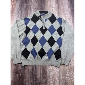 Alan Flusser Mens 100% Cashmere Argyle Quarter Zip Sweater Grey Blue Black XL